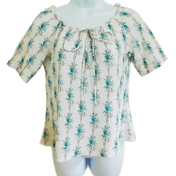 Vintage Tops - Vintage Floral Cotton Gauze Top White Blue Elastic Ruffle Neckline Short Sleeve